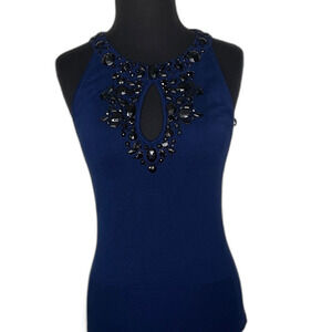 Cache Blue Jeweled Keyhole Silk Blend Knit Top Size Small Vintage Y2K.